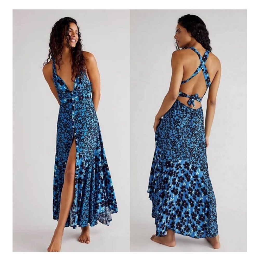 Free People Dewberry Floral Maxi Dress Open Black Ruffle Button Up Sleeveless XL